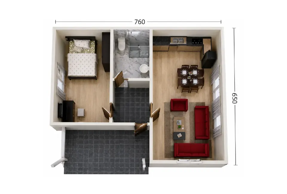 PE002 - 2+0 49 m² Prefabrik Ev